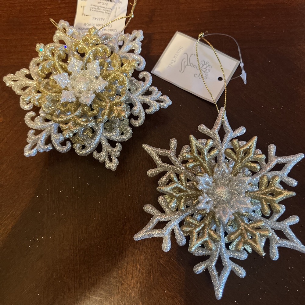 Christmas Ornaments Snowflakes Gold Glittered Silver Tree‎ Holiday Decor Set 2